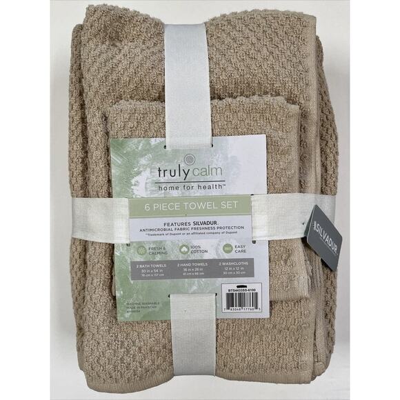 Truly Calm Other - Truly Calm Bath Towel Set Beige Linen 6 Piece Bath Hand Washcloth 100% Cotton